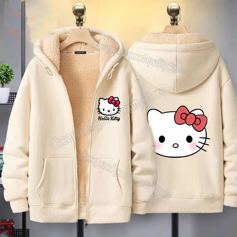 Hello Kitty Women's Zipper Hoodie Autumn and Winter New Cute Kawaii Pattern Sweatshirt Streetwear Girl Lady Clothing Coat