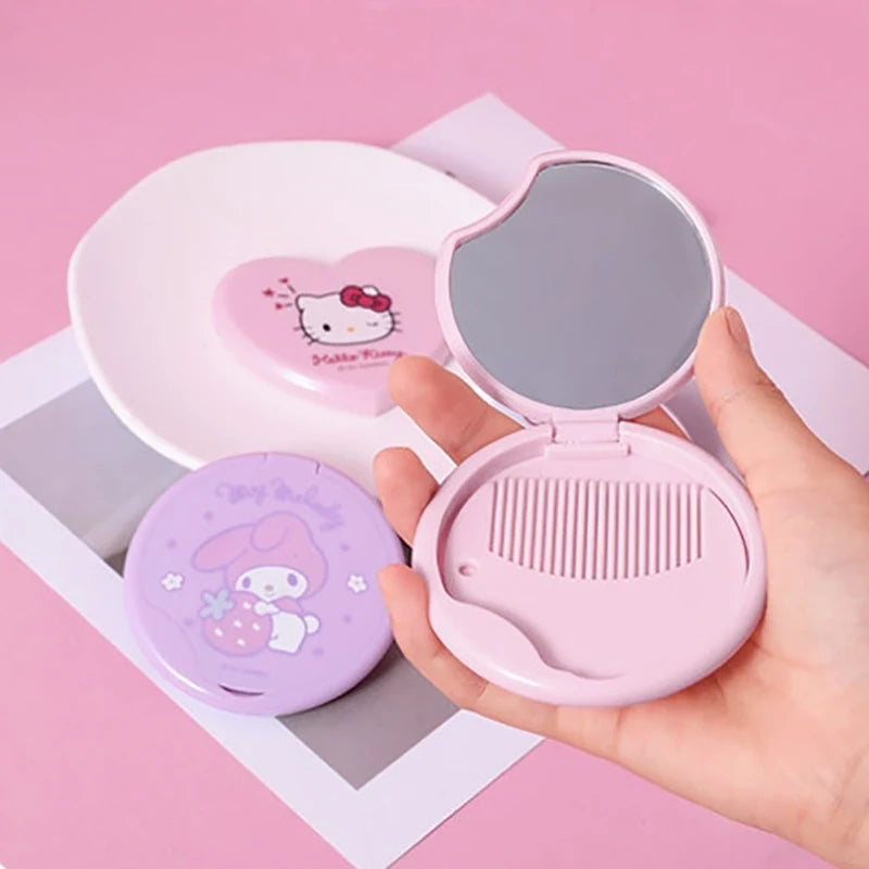 Hello Kitty My Melody Double Sided Folding Mirror Cute Portable Mirror Comb Integrated Mini Makeup Mirror Girl Gifts