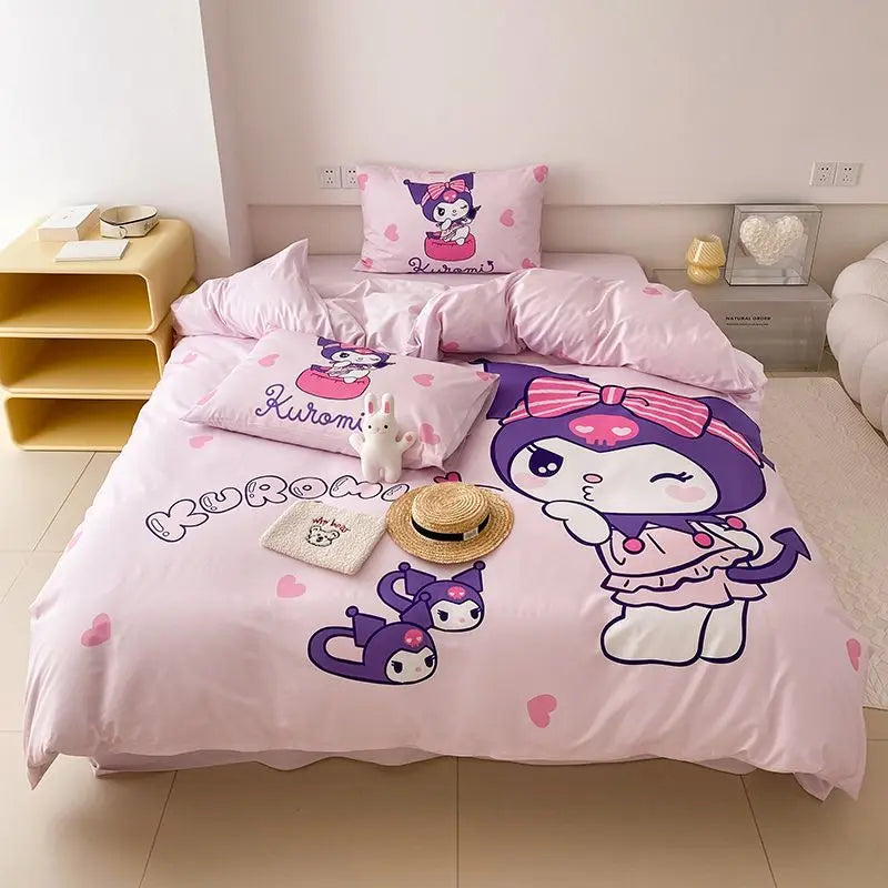 Kawaii Soft Bedding Kuromi Cinnamoroll Cartoon Cotton Student Home four-piece set Bed Sheet Quilt Cover Bed Accessories