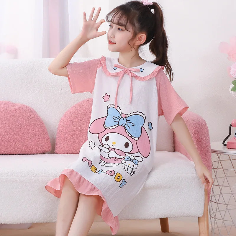 Girl's Summer Pajamas Hello Kitty Kuromi Children's Dress Pochacco Anime Cartoon House Clothing Short Sleeved Cute Skirt