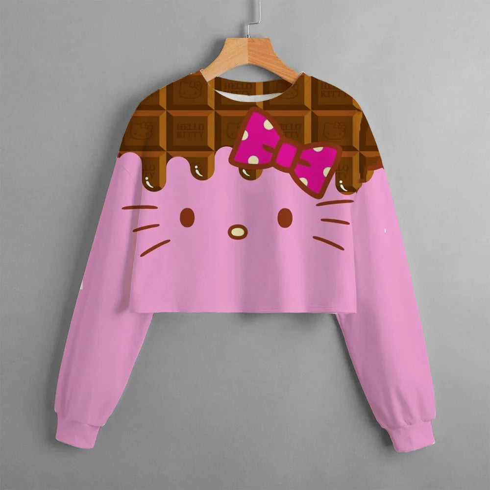 Girls' Short O Neck Long Sleeve Top Hello Kitty Cartoon Balloon Print Girls' Clothing Spring And Autumn Pullover Casual Children