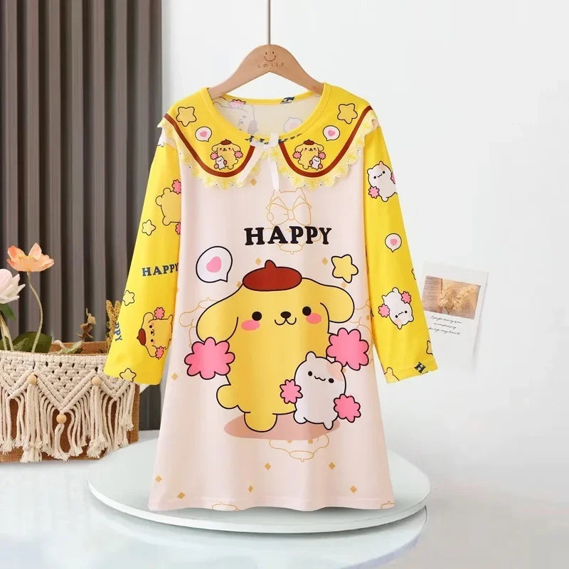 Hello Kitty Kuromi Children's Pajamas Dress Cinnamoroll My Melody Cartoon Baby Anime Kids Set Long Sleeved Skirt Girls