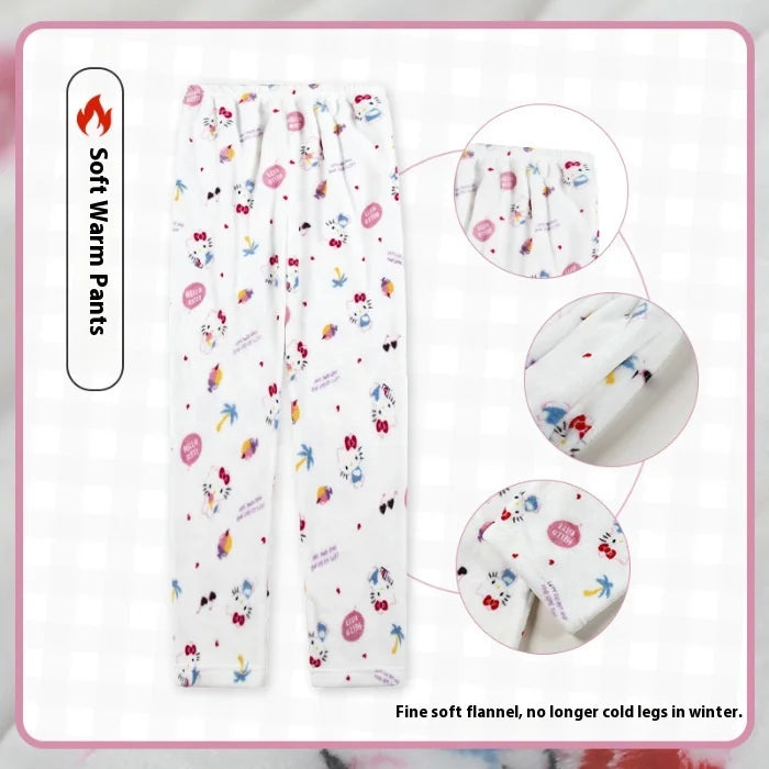 Miniso Hello Kitty Kuromi Sleeper Pants With Flannel Thick Fleece For Warmth Casual Cute Cartoon Pattern Girl Christmas Clothing