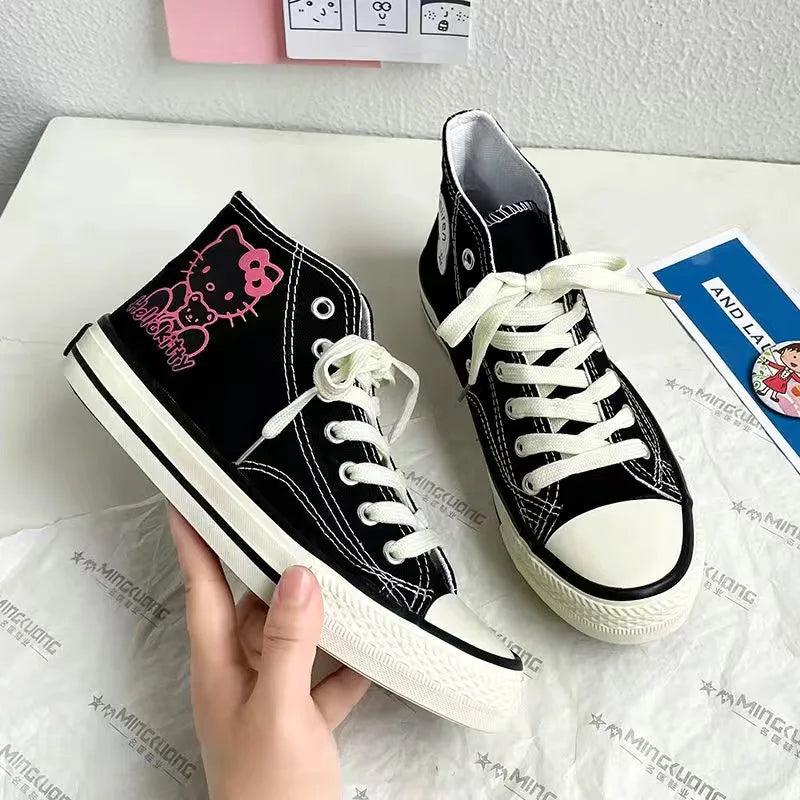 Hello Kitty High Top Canvas Shoes Student Cartoon Graffiti Skateboard Shoes Kawaii Girls Preppy Style Versatile Sneakers