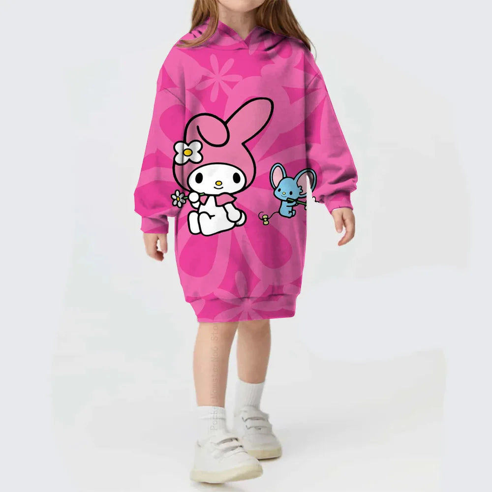 Winter Autumn Kids Girl Dress Hooded Children's Clothing Hello Kitty Kuromi print Loose Dress Long Sleeve Toddler Girl Outerwear