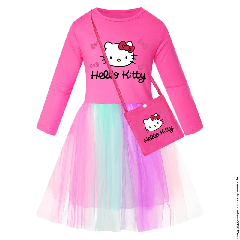 New Hello Kitty Kids Clothes Long Slevess Dresses Cotton Rainbow Full Dress Teen Cartoon Girl Clothing Party Clothes 2-7Years