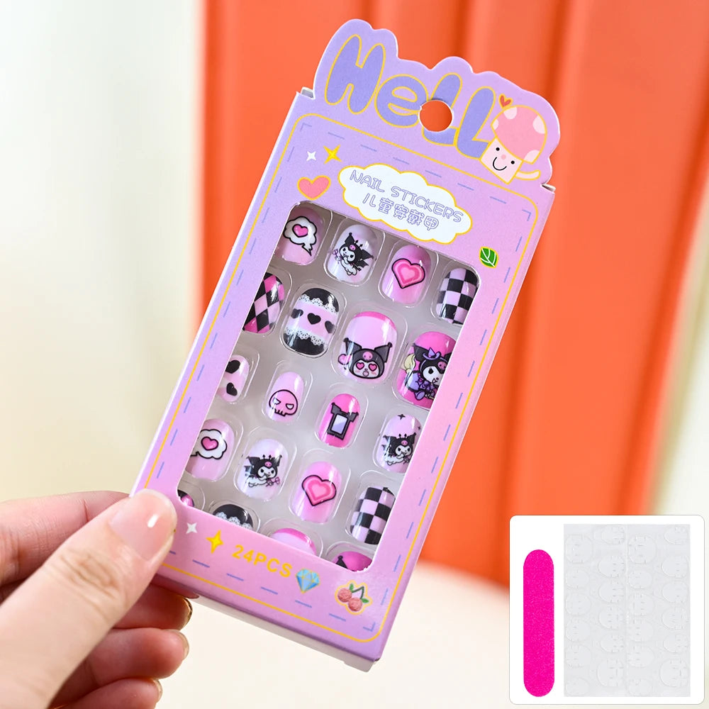 24Pcs Cartoon Hello Kitty Press on Nails Sanrio Series Pink/Blue/Purple Kuromi Kawaii Fake Nail for 6 years+ School Girl