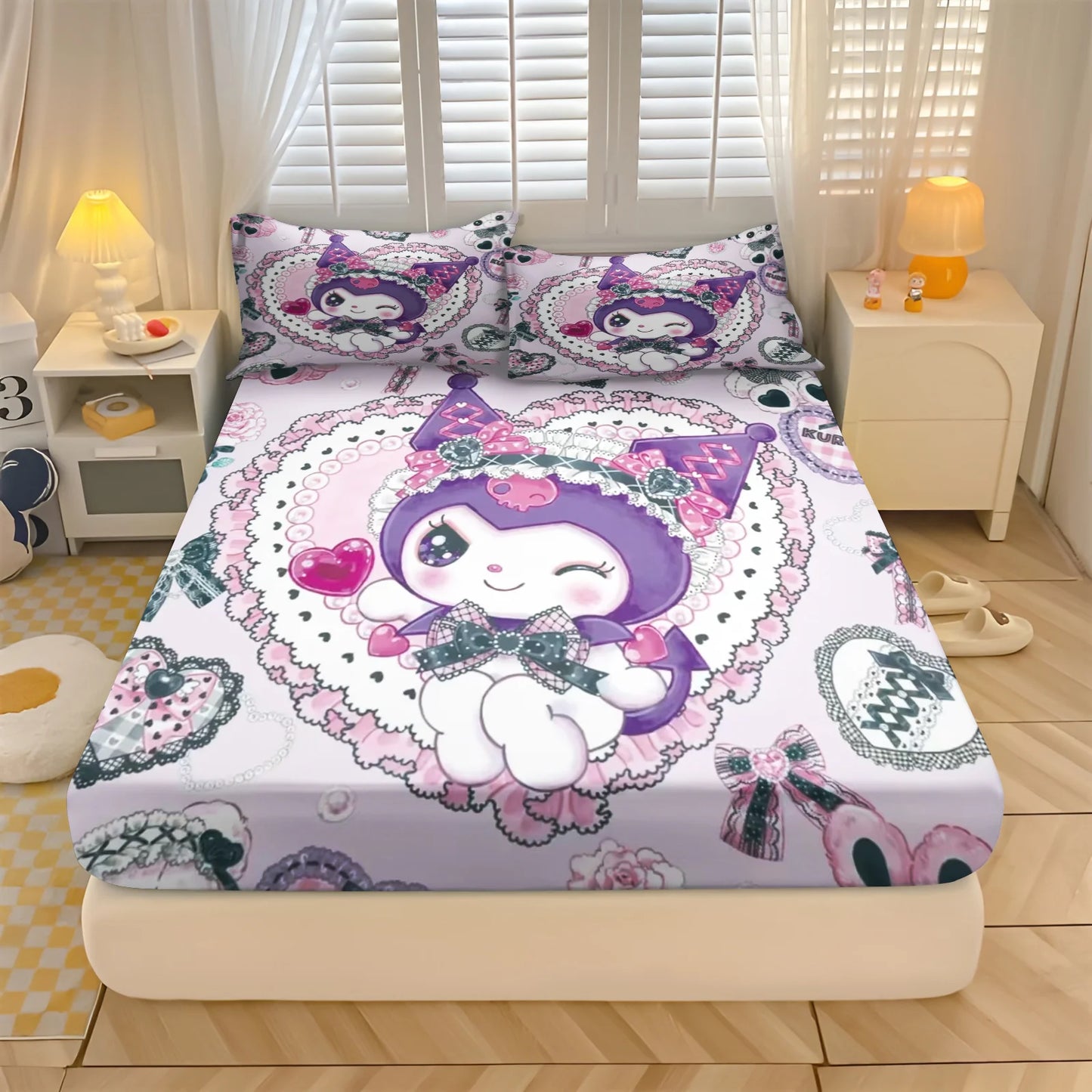 Sanlio, Kuromi Hello kitty 100% Polyester With Pillowcas Bedding Set  Fitted Sheet Bed Cover Full 3D Printed Children'S