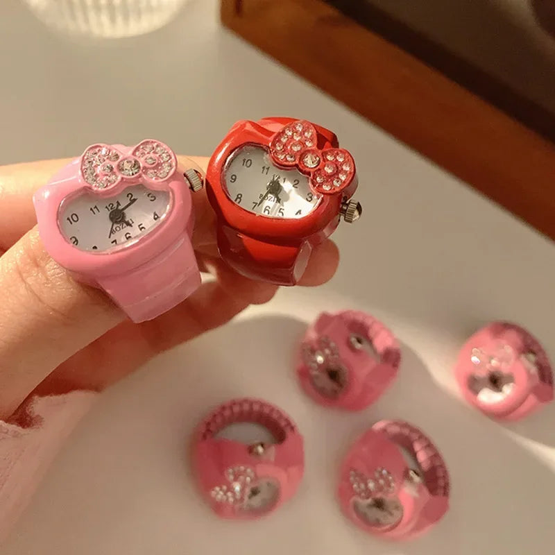 Hello Kitty Watch Ring, Cute Kt Cat Bow, Rhinestone Clock Ring, Girls Jewelry, Kids Gifts, Kawaii Toys