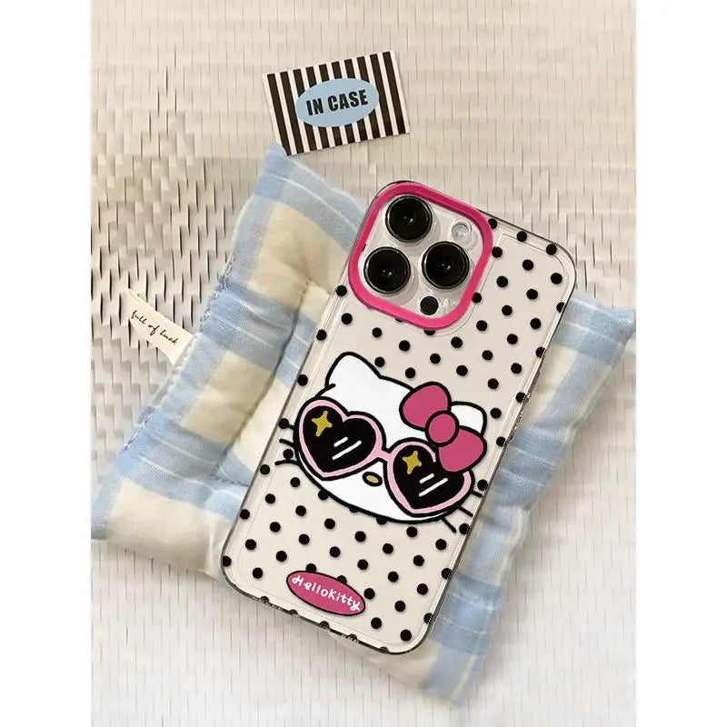 New Hello Kitty Full Screen KT Phone Case For iPhone 16 15 14 13 12 11 ProMax XR XS MAX 7 8Plus Y2K Cool Sunglasses Cover