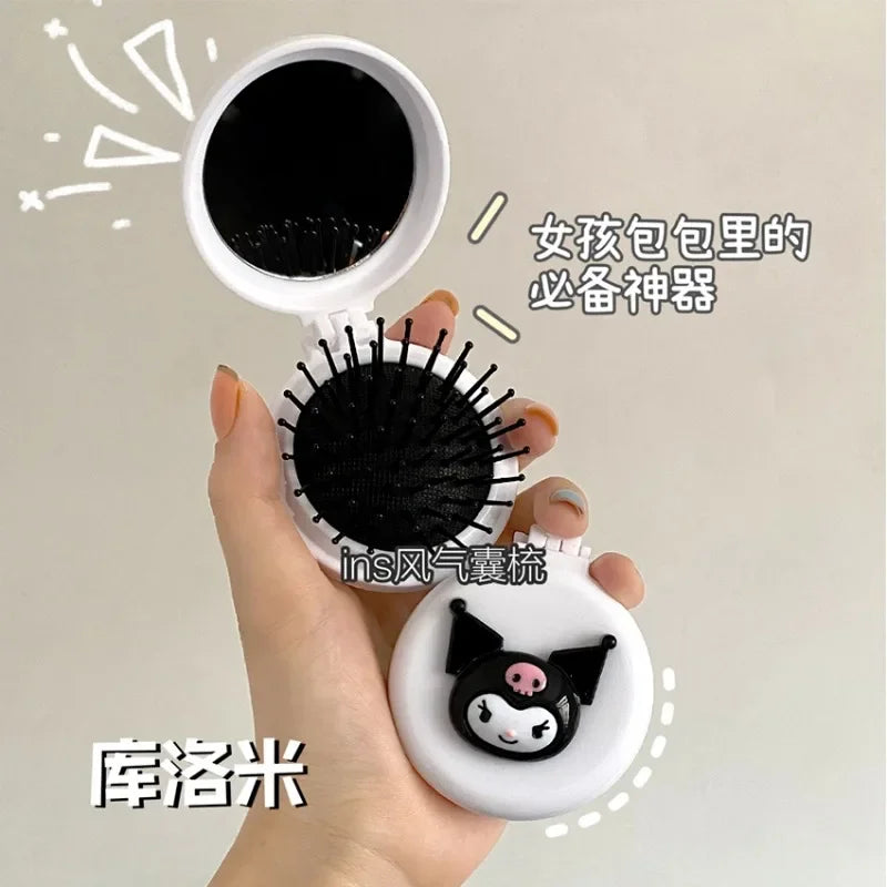 Hello Kitty Kuromi My melody Cartoon Animation Peripheral Girl Portable Folding Comb and Mirror Dual-Purpose Flip Kawaii Gift