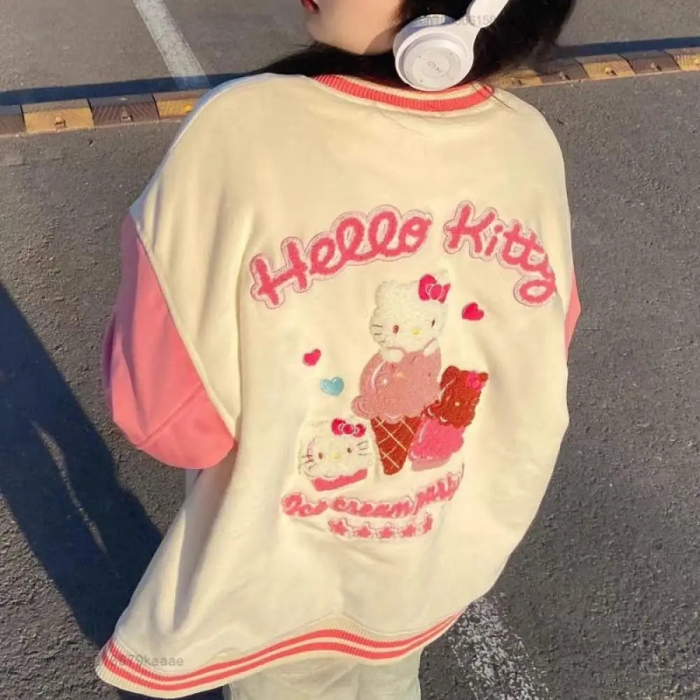 Y2K Anime Hello Kitty Jacket Baseball Uniform Sanrioed Couple Outfit Spring Winter Cute Coat Tops Casual Vintage Loose Leisure