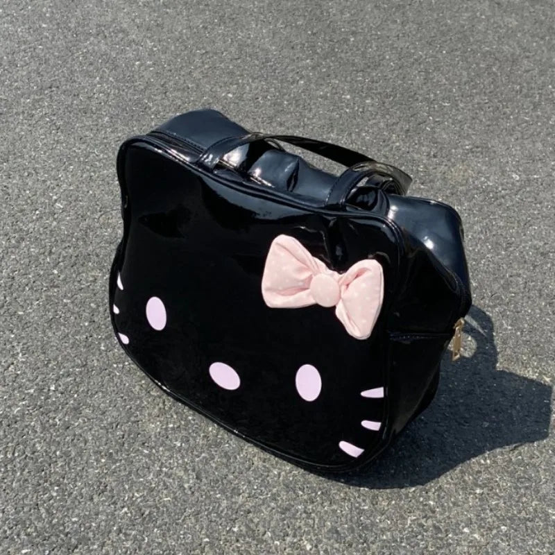 Hello Kitty Womens Shoulder Bag Black Leather Cute Bow Harajuku Fashion Cartoon Tote Bag New Style Casual Female Handbag