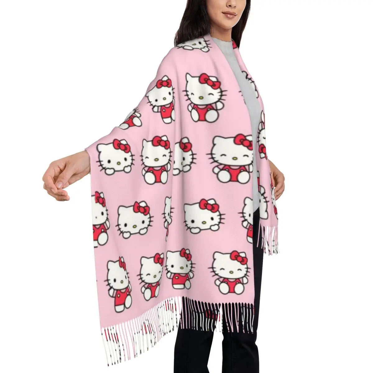 Customized Lady Long Hello Kitty Pattern Scarves Women Winter Fall Thick Warm Tassel Shawl Wraps Sanrio Scarf