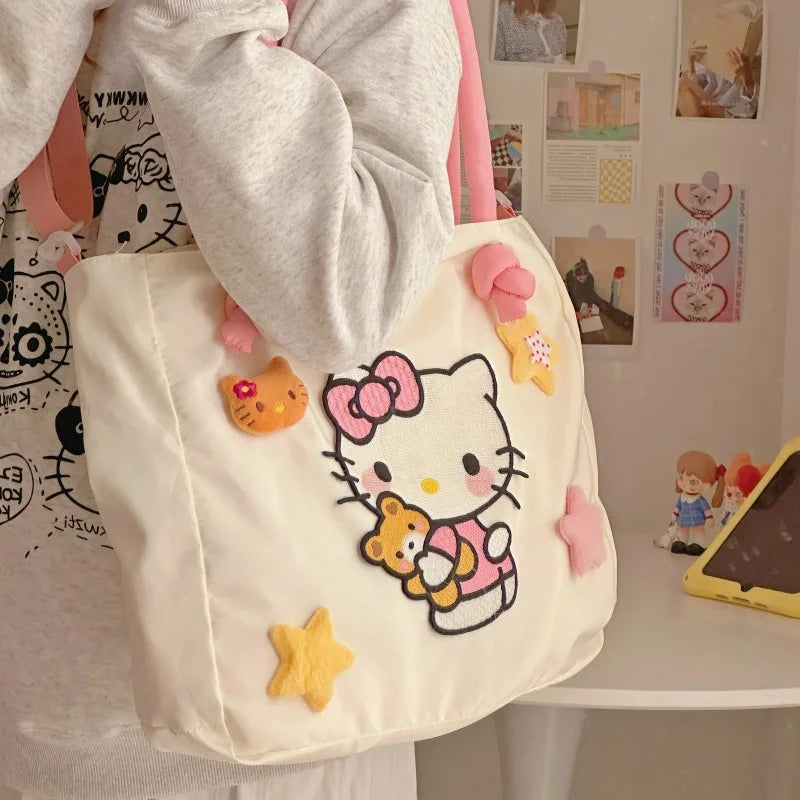 Hello Kitty Womens Tote Bag Embroidery Nylon Large Capacity Cute Cartoon Shoulder Bag Casual Commuter Travel Female Handbag