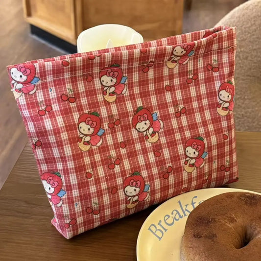 Kawaii Hello Kitty Canvas Zipper Makeup Bag Cute Cartoon Printed Checkered Travel Storage Bag Casual Lunch Bento Handbag