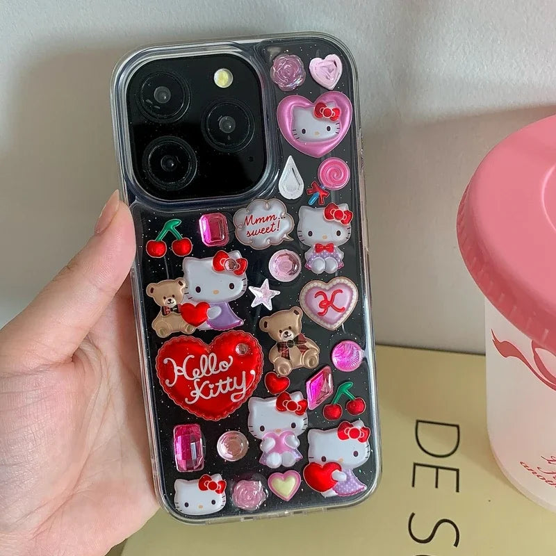 3D Cute Cartoon Y2K Hello Kitty Sticker Bling Glitter Phone Case For iPhone 16 15 14 13 12 11 Pro Max Transparent Cover