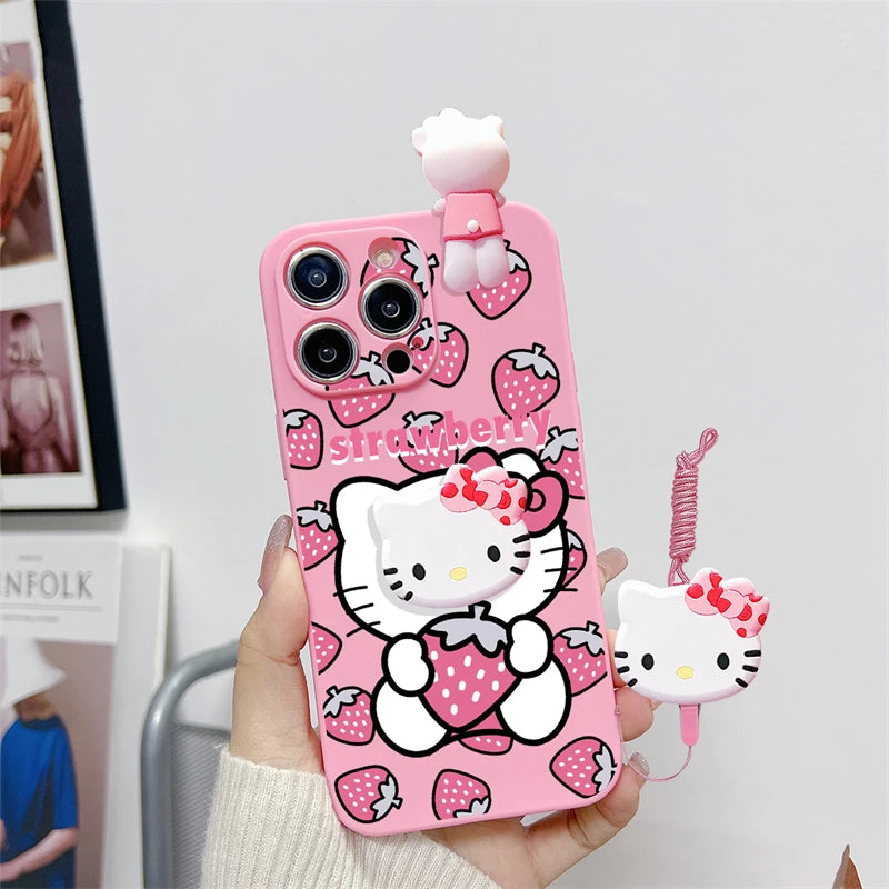 3D Hello Kitty Phone Holder Cartoon Case For iPhone 16 15 14 Plus 13 12 11 Pro Max Mini Toy With Strap Rope Lanyard Cover