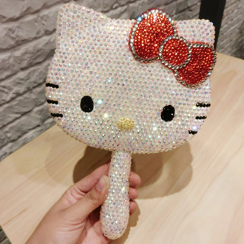 Hello Kitty Vanity Mirror Cartoon Shiny Rhinestones Beauty Handheld Mirror Diamond Pink Girls Flip Girl Gift