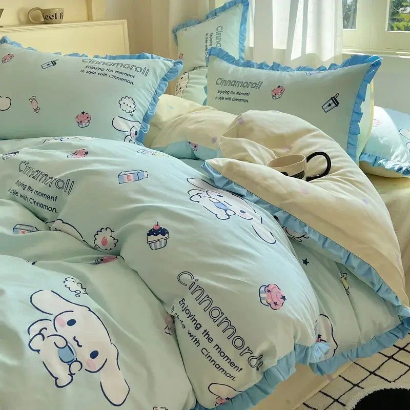 Hello Kitty Cinnamoroll My melody Kuromi new cute cartoon active printing pure cotton edge quilt cover bed sheet three-piece set