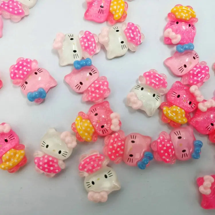 10Pcs Pink Bow Transparent Hello Kitty Nail Charms Accessories Cartoon Resin Flatback DIY Jewelry Decoration