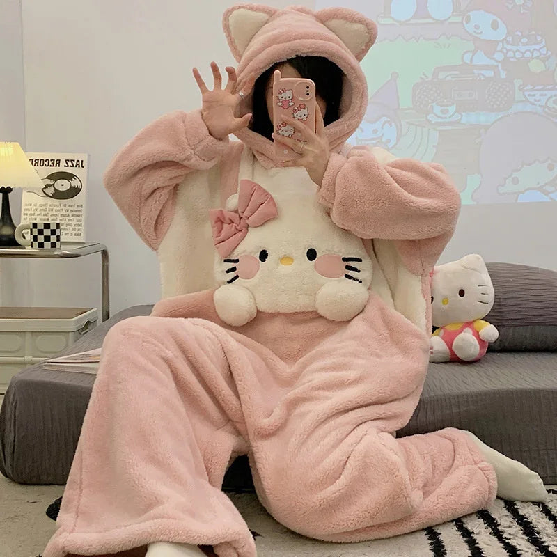 Hello Kitty winter new one-piece pajamas women's coral fleece hooded long-sleeved cartoon cute warm sweet loungewear