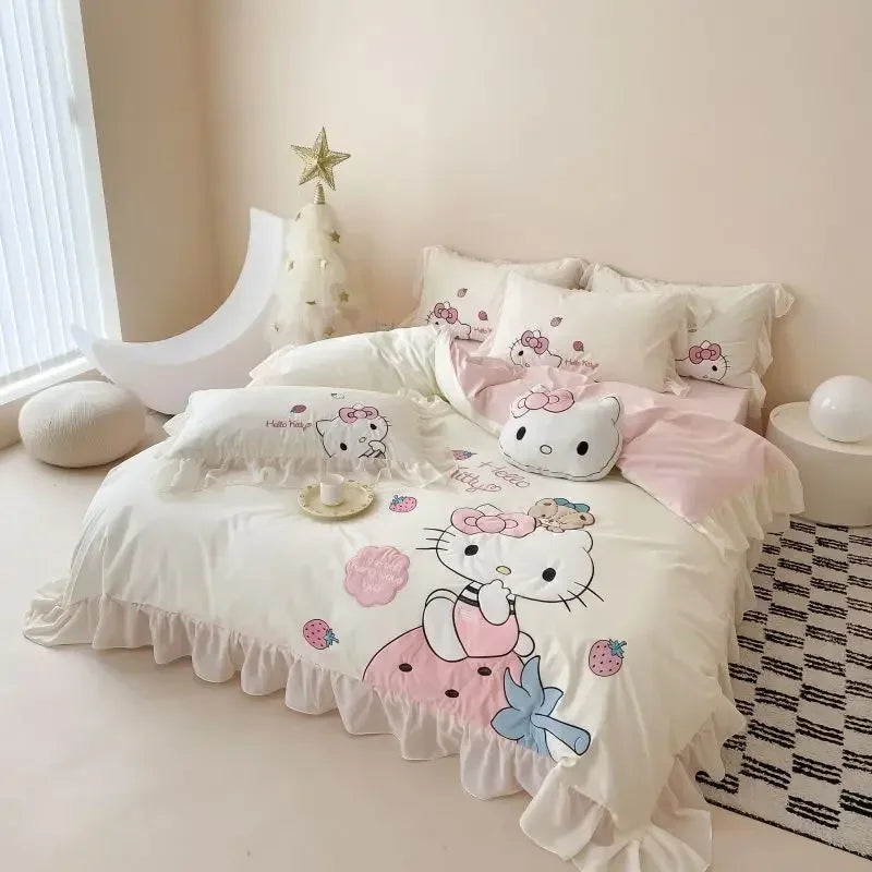 Hello Kitty Anime Kawaii MINISO Cotton Bed Sheet 4-piece Set Kt Cat Cartoon Cute Embroidery Quilt Set Bed Decoration Gifts Toys