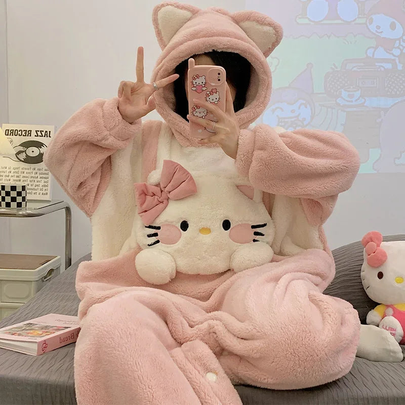 Hello Kitty winter new one-piece pajamas women's coral fleece hooded long-sleeved cartoon cute warm sweet loungewear