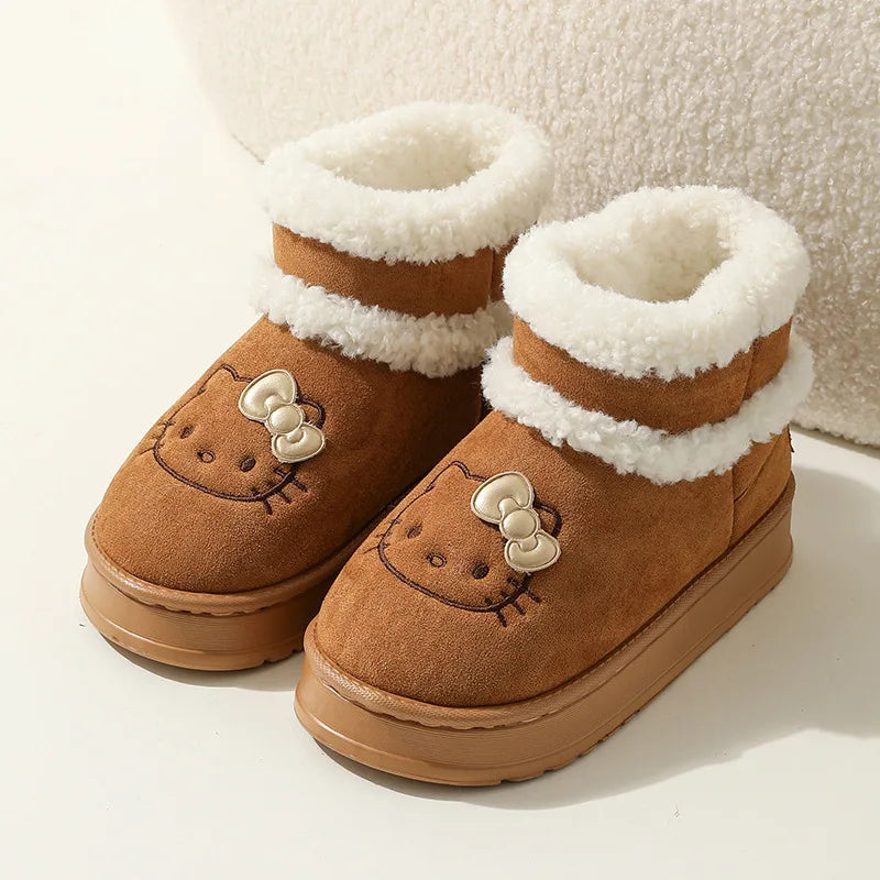 Hello Kitty Snow Boots Winter Girl Plush Snow Booties Keep Warm Slippers Shoes Non-Slip Sneaker Outdoor Warmth Snow Boot