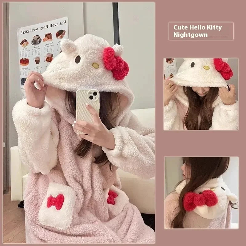 Miniso Hello Kitty Plush Fur Pajamas Robe Suit Anime Cartoon Homewear Winter Thickened Keep Warm Halloween Christmas Girl Gift