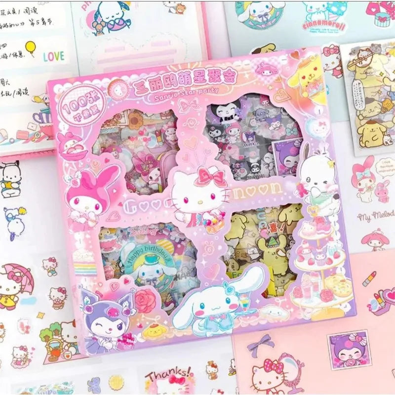 100PCS Hello Kitty Sticker Gift Box Cinnamoroll Melody Kuromi Sticker Gift Box Waterproof PET Sticker Toy Kids Gift