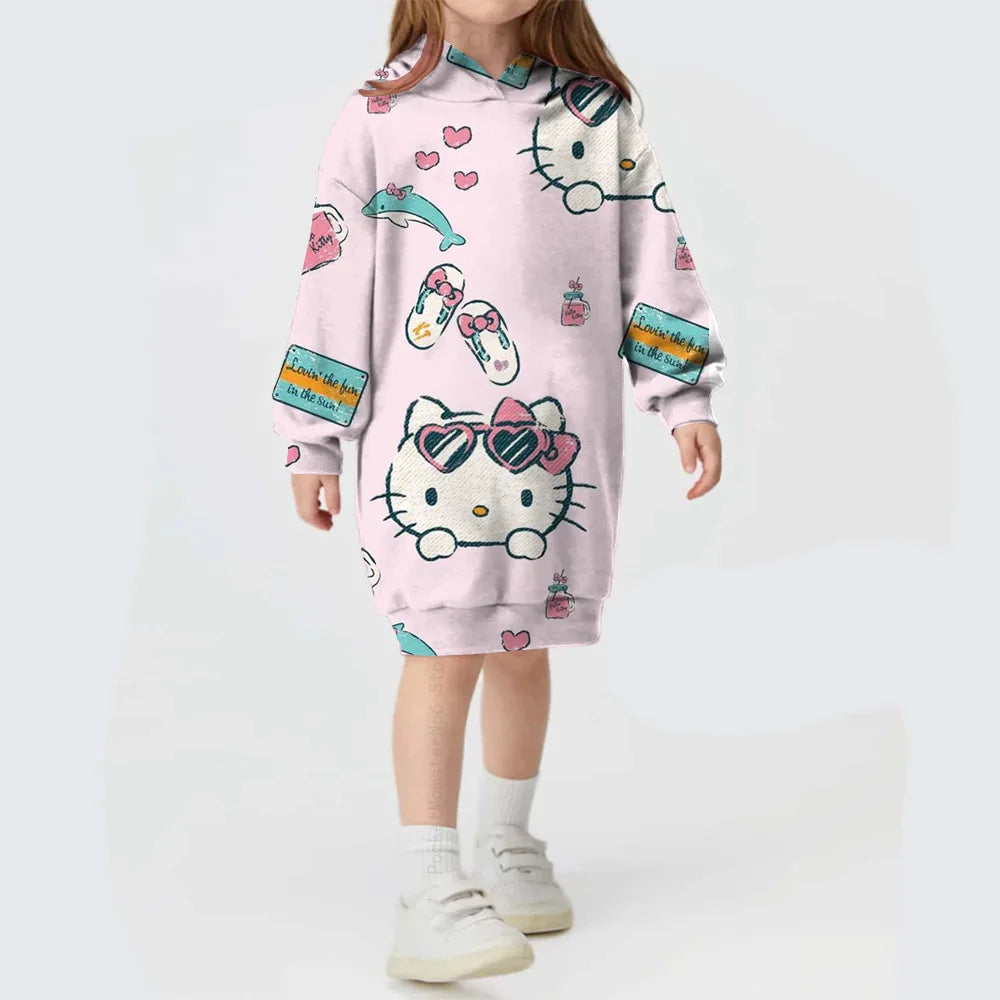 Girls Hooded Dress for Autumn Winter Kids Hello Kitty Kuromi print Dress Girl Striped Long Sleeve Clothes Kids Hoodies Dresses