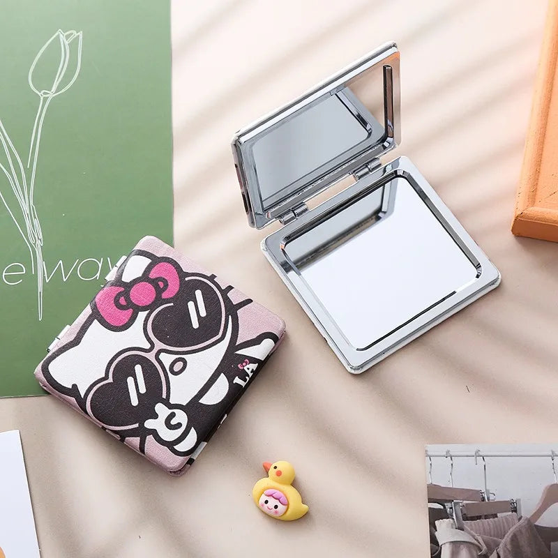 Kawaii Makeup Mirrors Hello Kitty Cartoon Ins Double-sided Mirror Frame PU Leather Cover Carry Folding Mirror Gift