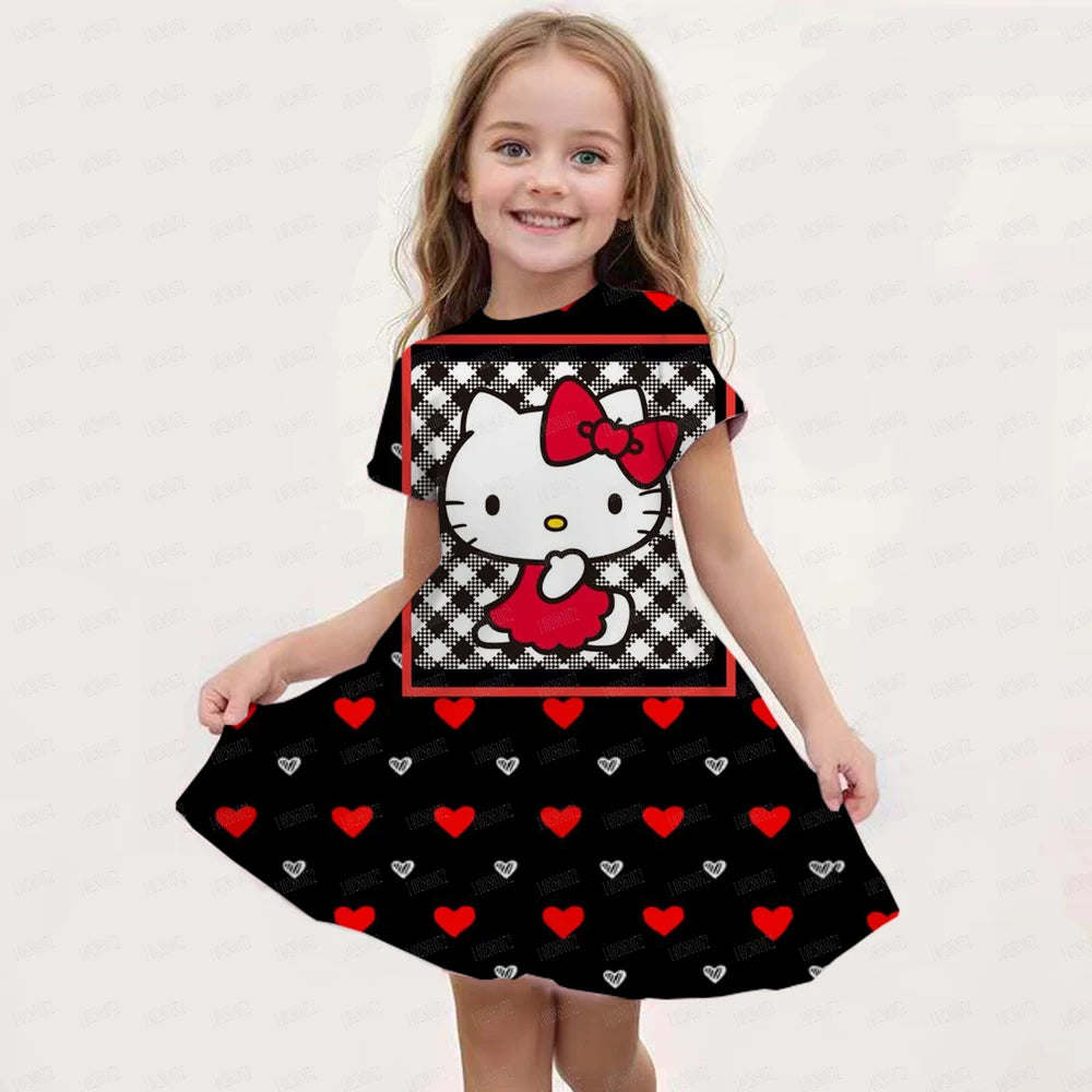 New Summer Girls Dress Fashion Cartoon Cute Cinnamoroll &Hello Kitty 3D Printing Dress Kid Short Sleeve Princess Clothing