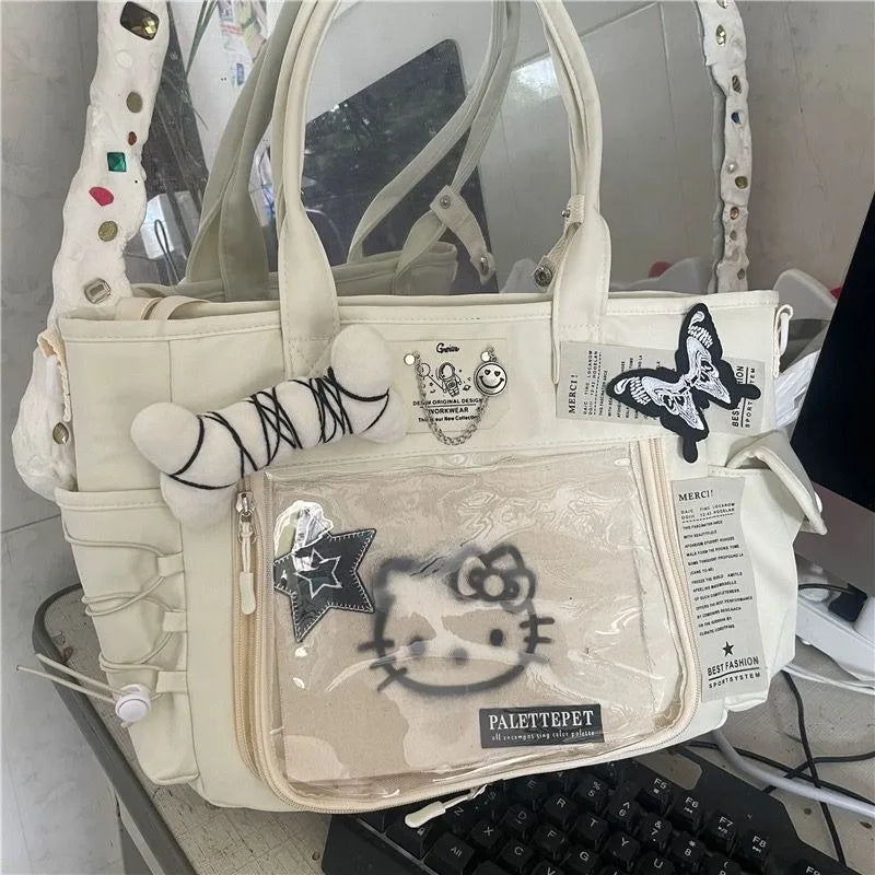 Hello Kitty Womens Tote Bag Canvas Large Capacity Pink Patchwork Shoulder Bag Casual Chain Sweet Fashion Ladies Handbag