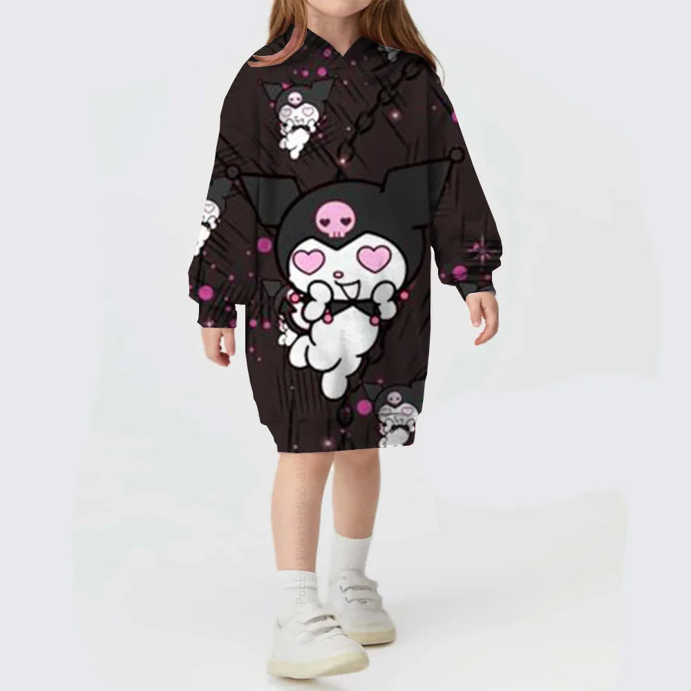 Autumn/winter Children's Hello Kitty Kuromi print Sweater Clothes Suit Hooded Solid Color Fashion Sweater Dress Comfortable