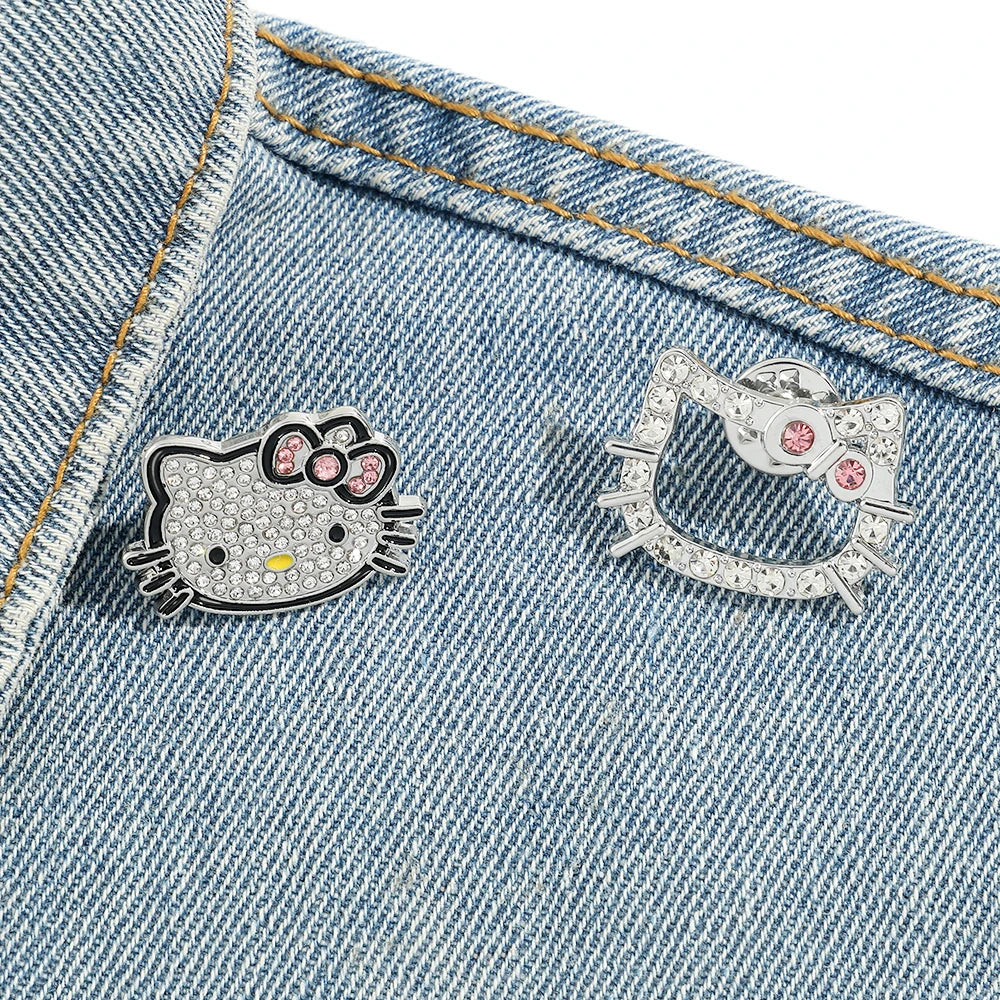 2 Pcs Cartoon Animal Brooch Set Elegant Rhinestone Hello Kitty Pin Fashionable Cat Metal Badge Jewelry Backpack Clothing