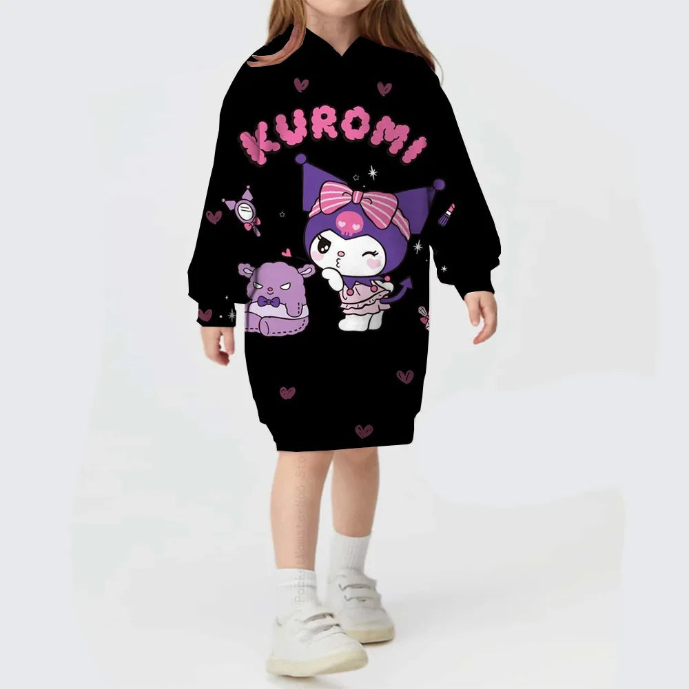 Toddler Kids Hello Kitty Kuromi print Hoodies Dresses for Girls Loose Casual Long Dress Infant Children O Neck Outfits Dress