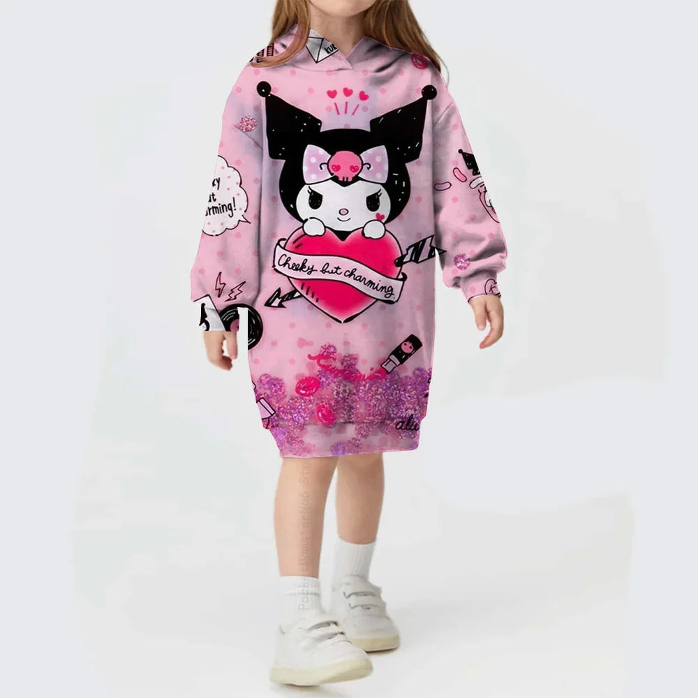 Winter Autumn Kids Girl Dress Hooded Children's Clothing Hello Kitty Kuromi print Loose Dress Long Sleeve Toddler Girl Outerwear