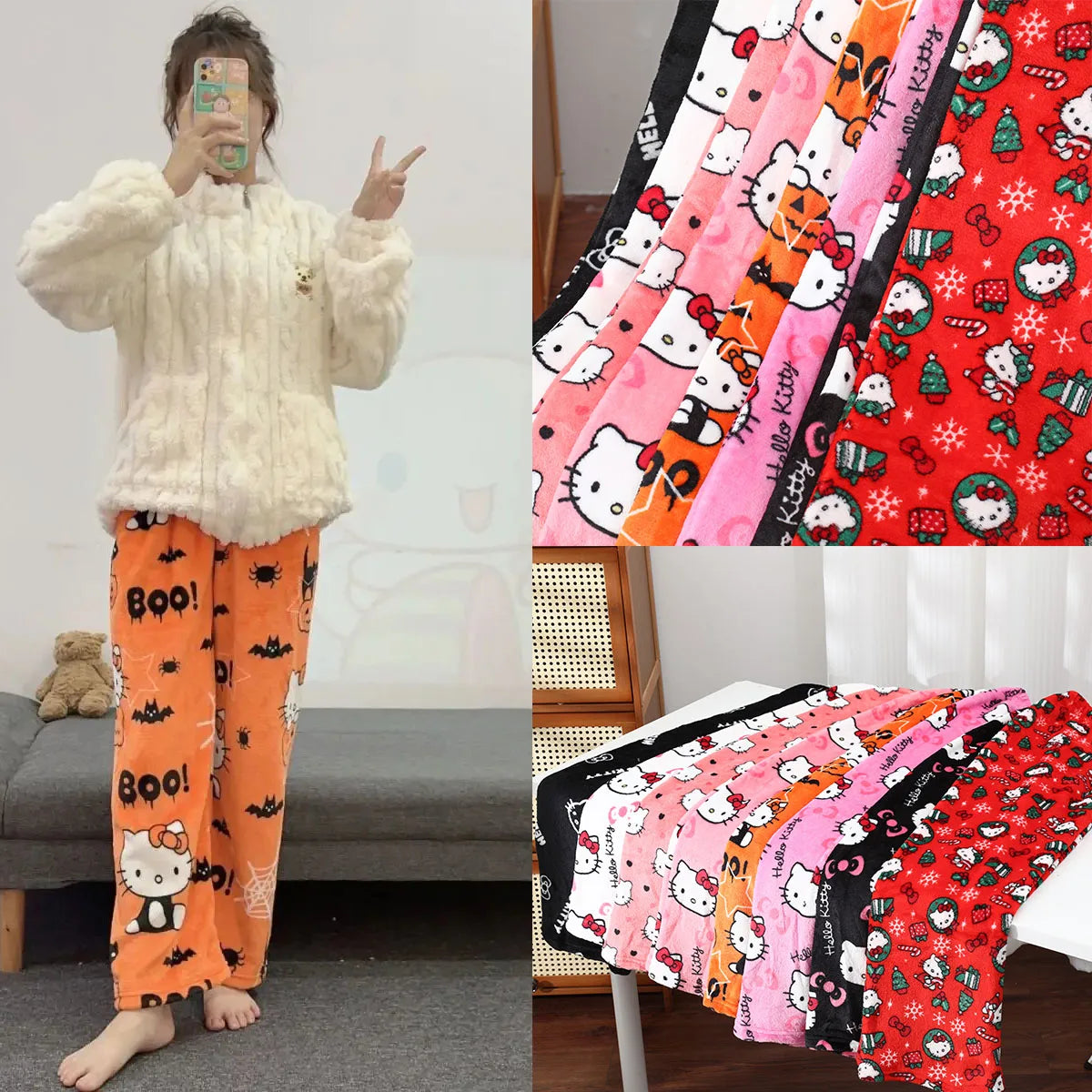 Halloween sanrio Cartoon clothing Christmas Children's Sleepy Pants Winter plush pants Hello Kitty Home Clothing Holiday gifts