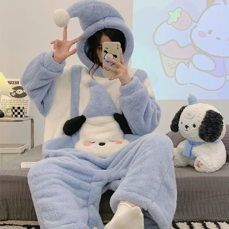 Hello Kitty winter new one-piece pajamas women's coral fleece hooded long-sleeved cartoon cute warm sweet loungewear