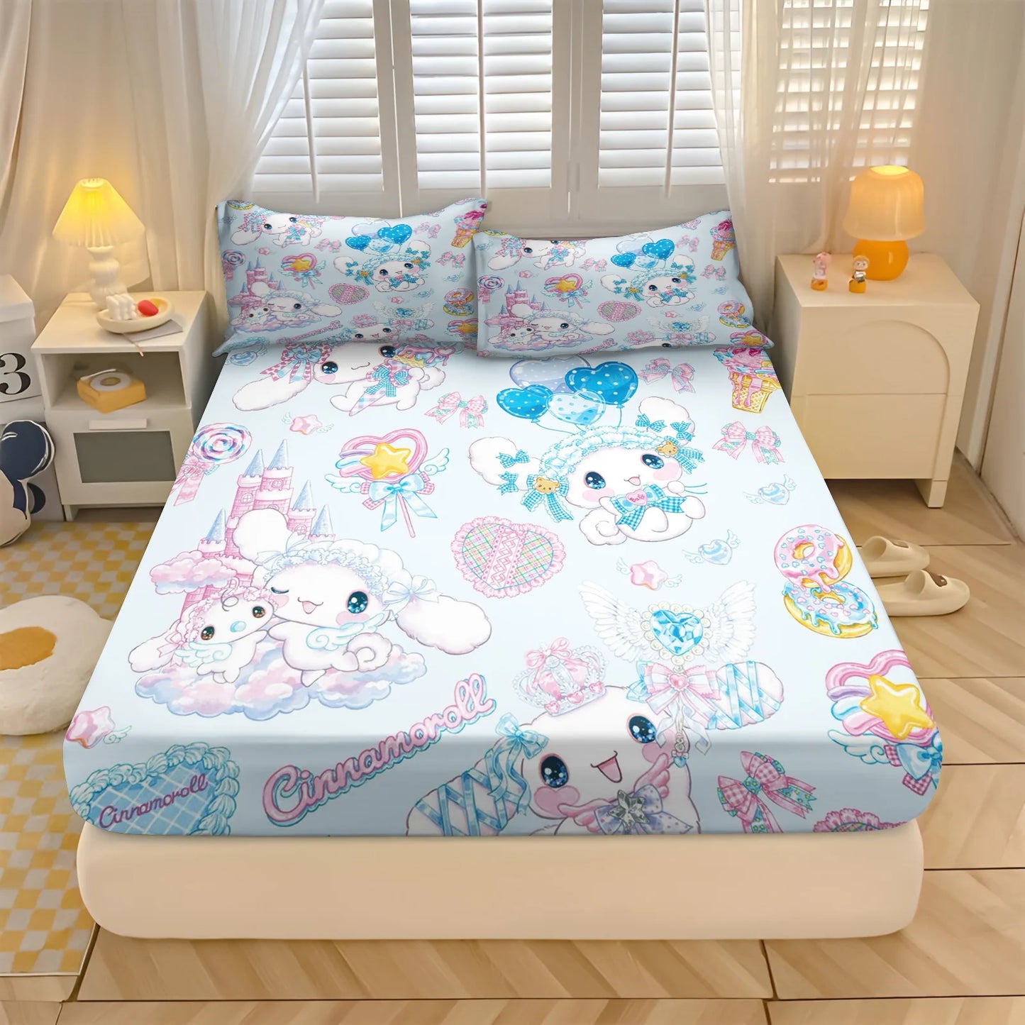 Sanlio, Kuromi Hello kitty 100% Polyester With Pillowcas Bedding Set  Fitted Sheet Bed Cover Full 3D Printed Children'S