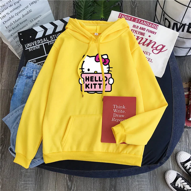 2025 New Casual Women's Sweatshirts Hello Kitty Kawaii Tops for Women Cute Hoodies Fashion Harajuku Long Sleeves Plus Siz