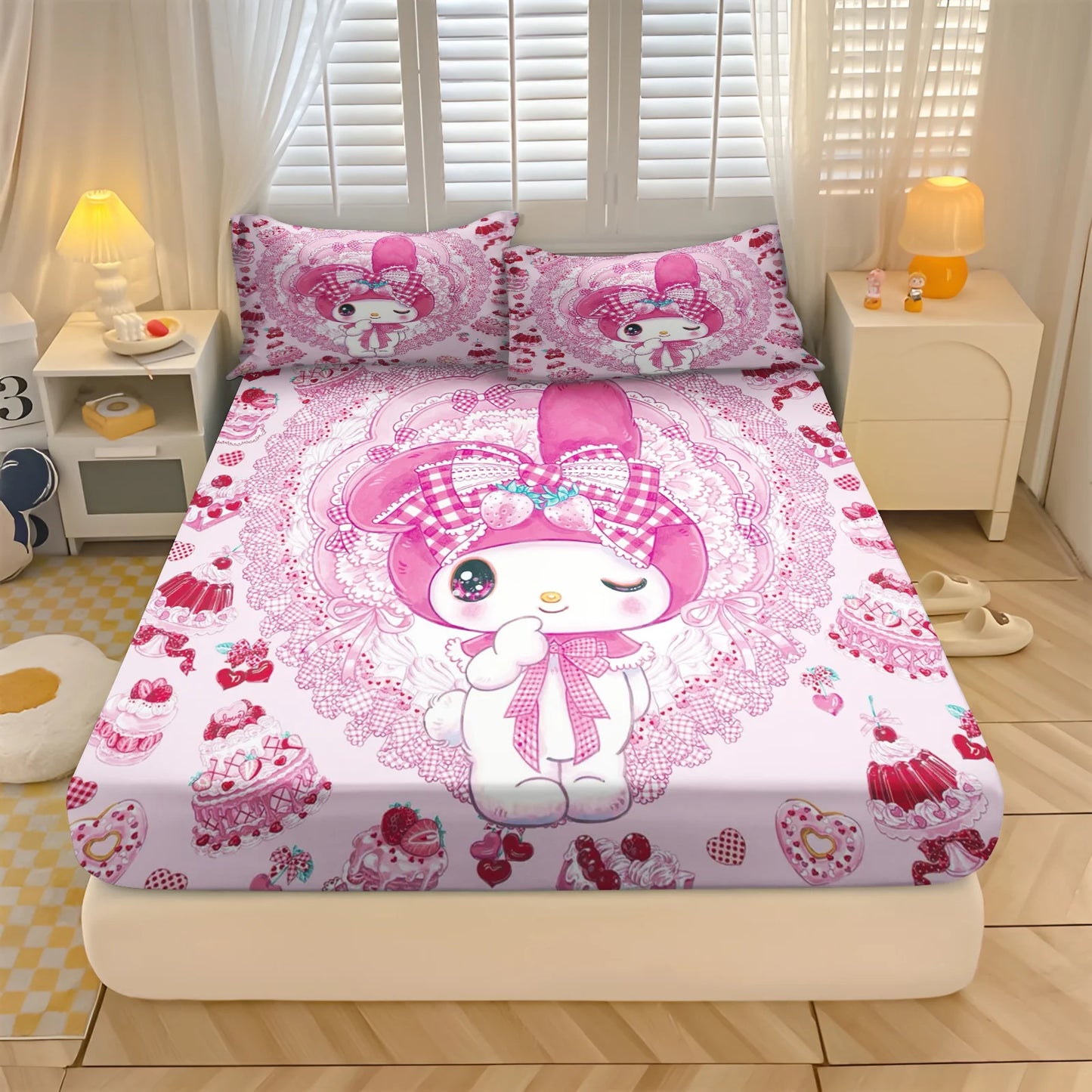 Sanlio, Kuromi Hello kitty 100% Polyester With Pillowcas Bedding Set  Fitted Sheet Bed Cover Full 3D Printed Children'S