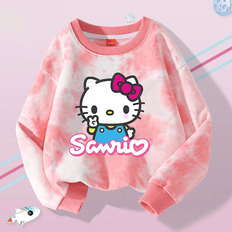 Hello Kitty Kuromi Cute Print Sweatshirts Girl Clothes Autumn Trend Tie Dyed Round Neck Pattern Children Pullover Long Sleeves