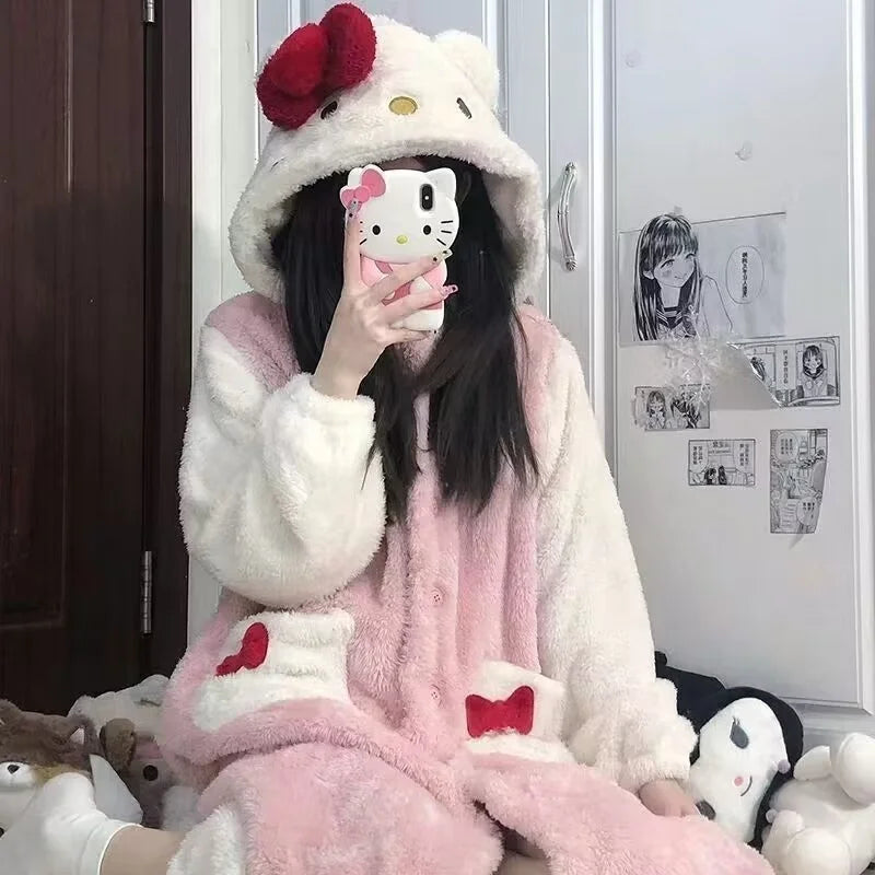 Miniso Hello Kitty Plush Fur Pajamas Robe Suit Anime Cartoon Homewear Winter Thickened Keep Warm Halloween Christmas Girl Gift