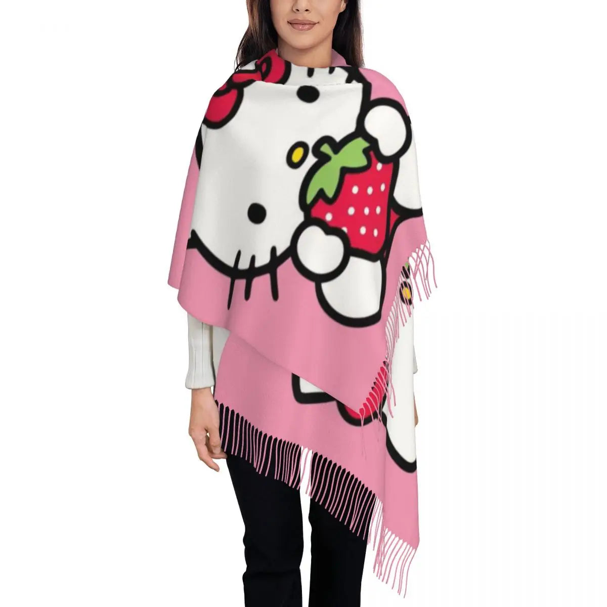 Customized Lady Long Hello Kitty Pattern Scarves Women Winter Fall Thick Warm Tassel Shawl Wraps Sanrio Scarf