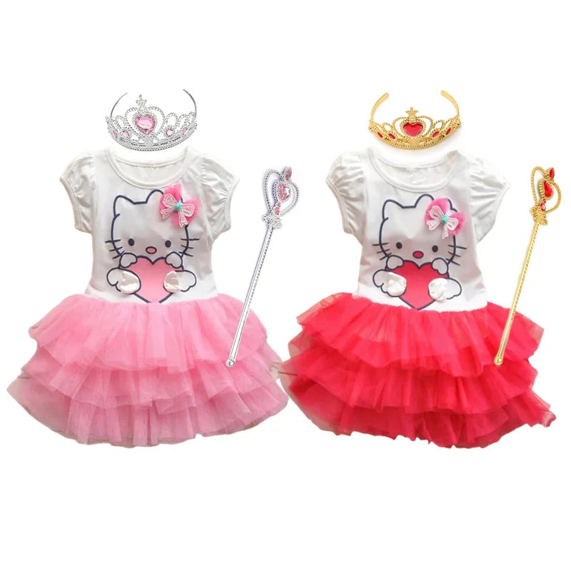 Children Clothing Hello Kitty Princess Dresses For Girls Summer Short Sleeved Mesh Dress Carnival Party Prom Gown Outfits