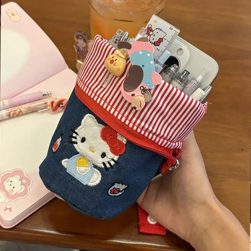 New Fashion Hello Kitty Embroidered Cowboy Pencil Bag Kawaii Striped Zipper Versatile Outward Handbag Exquisite Storage Bag Gift