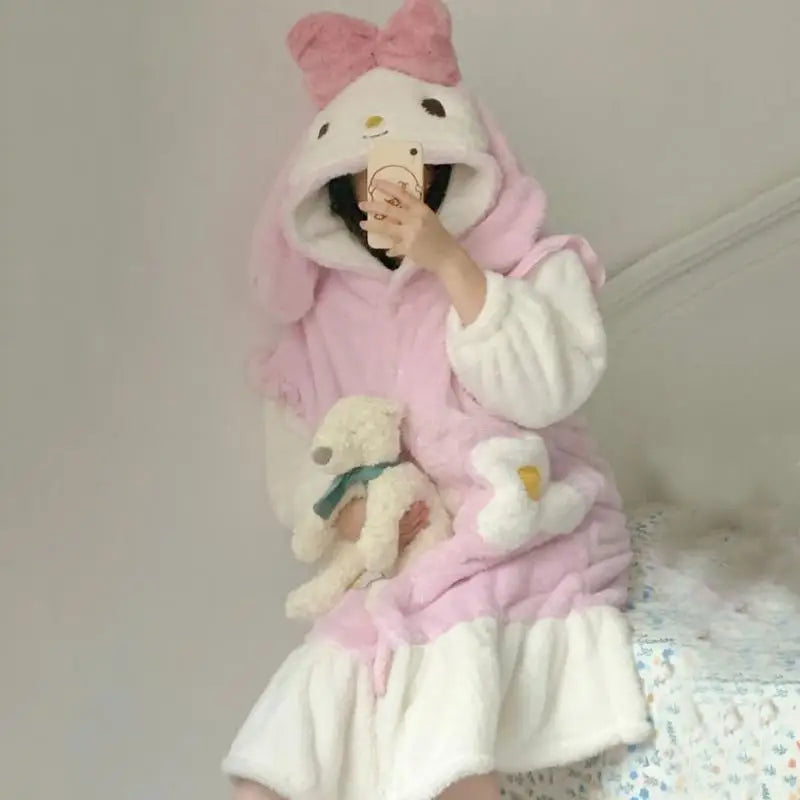 Pajamas Anime My Melody Hooded Nightgown Pants Girl Plus Velvet Nightgown Loose Thicken Child Pajamas Wholesale Tracksuit